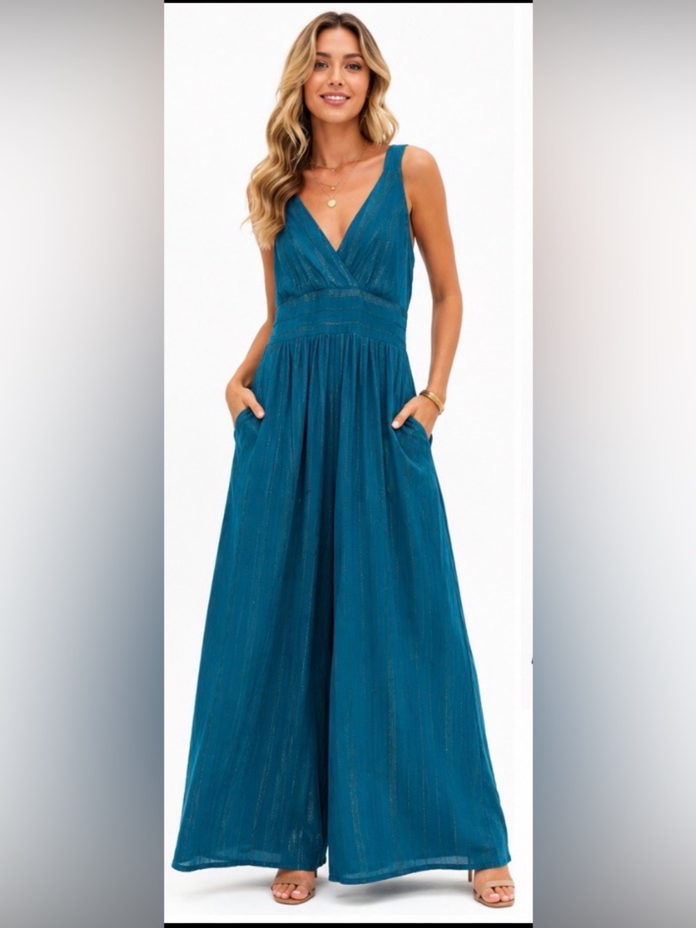 White Water Teal Metallic Stripe Wide Leg Jumpsuit S/M Smocked Backing